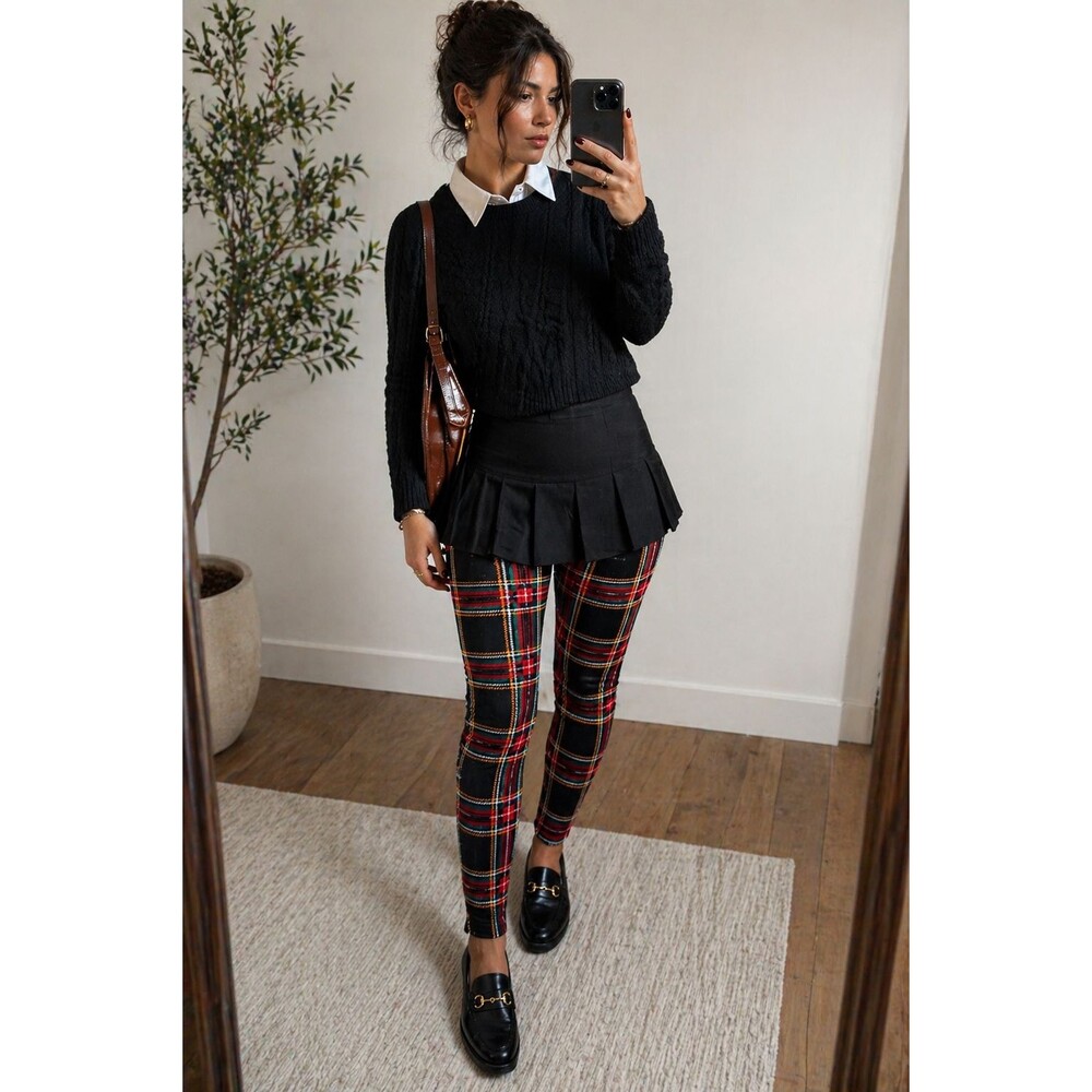 J Crew Plaid Leggings Womens M Red Black Tartan High Rise Stretch Skinny Preppy